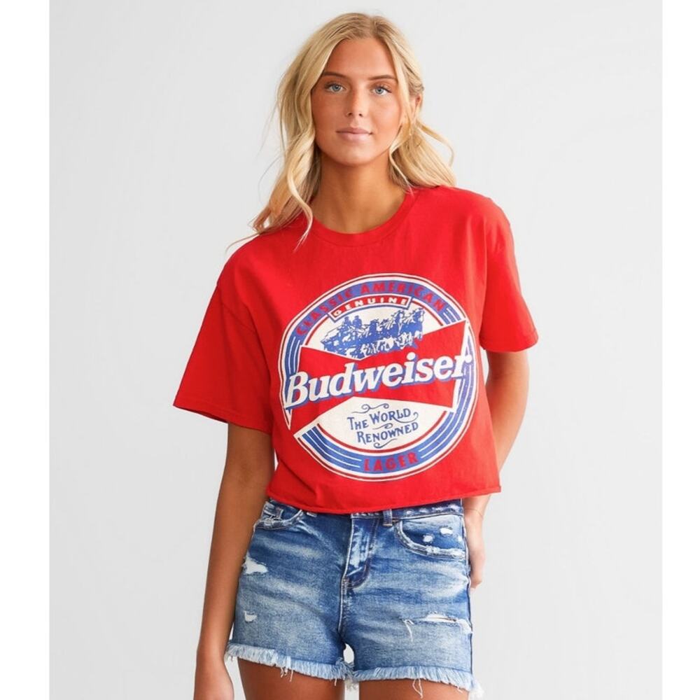 Junkfood Budweiser Cropped T-Shirt Red XL NWT Graphic Tee Americana Casual